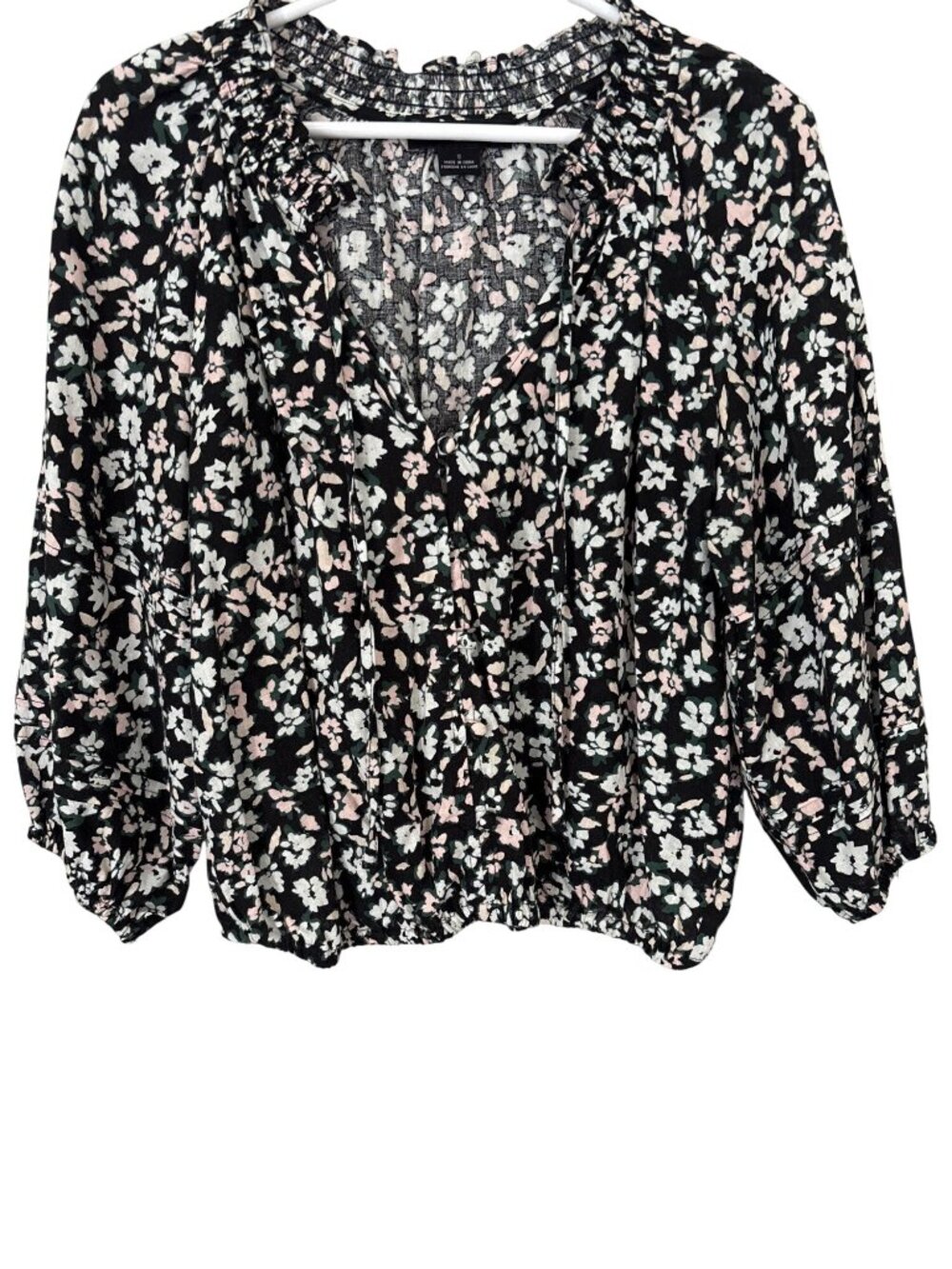 Sanctuary Blouse Size Small Floral Faux Wrap 3/4 Sleeve Elastic Waist Black Boho